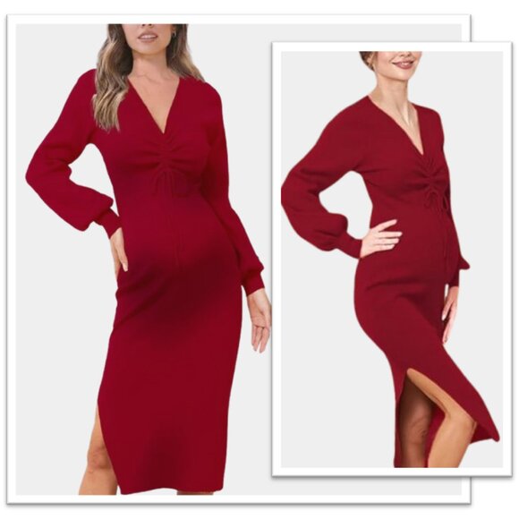 Red V Neck Latern Sleeve Side Slit Maternity Sweater Dress NWT! - Size M - Picture 1 of 15